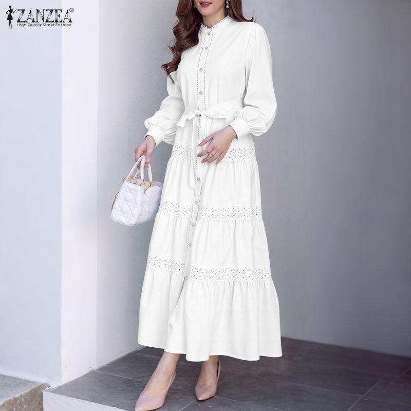 ZANZEA Women Casual Round Neck Loose Long Sleeve Dress