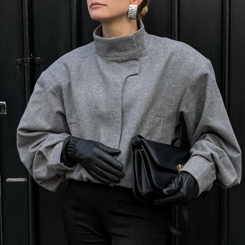 Womens Gray Wool Blend Coat Stand Collar Loose Fit Thick Winter Jacket Commute