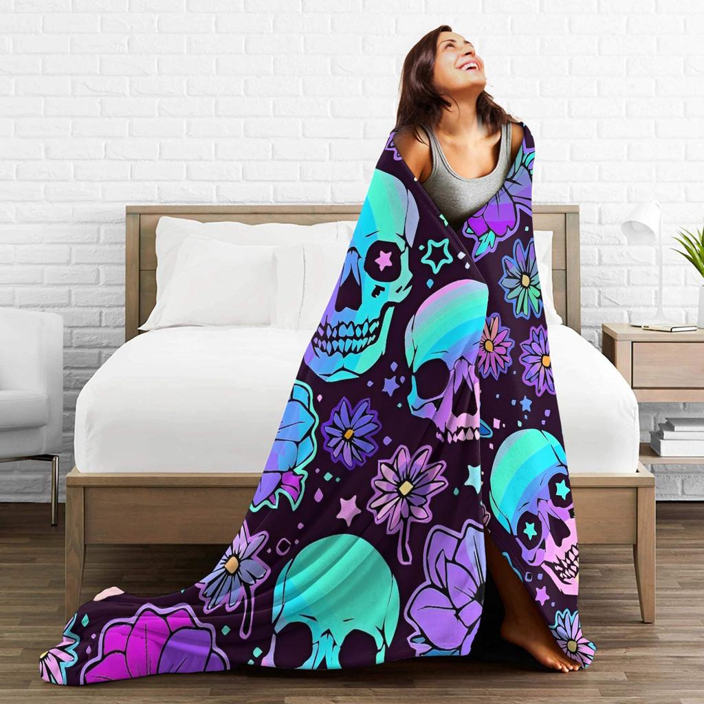 Psychedelic Neon Flower Skull Blankets Plush Awesome Soft Throw Blankets for Coverlet Decoration