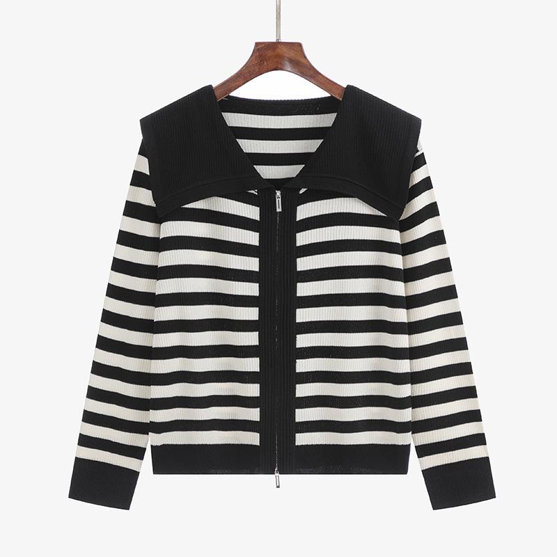 Plus Size Women's Autumn Navy Collar Jacket Top Striped Long Sleeve Knitted Cardigan