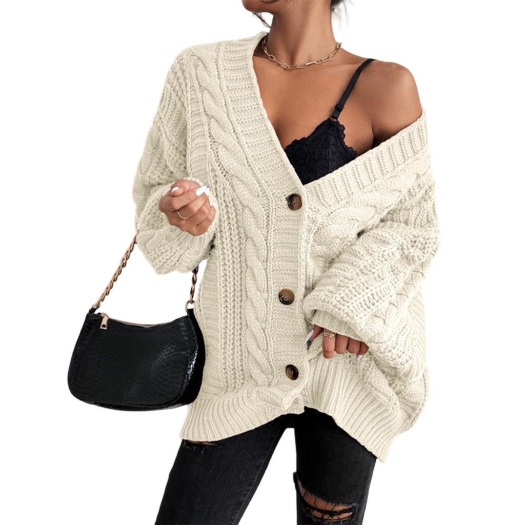 Women's Fashion Loose Cable-knitted Long Sleeve Cardigan Jacket