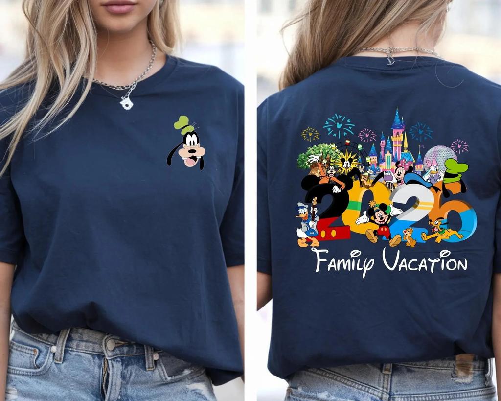 2026 Summer Mickey Classic Character Family Trip Theme Cotton Printed Short Sleeve Tshirt Unisex Unisex Families Children