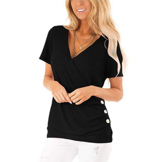 Women Tops Short Sleeve V-Neck Pleated Hem Tee Shirt Solid Color Draped
