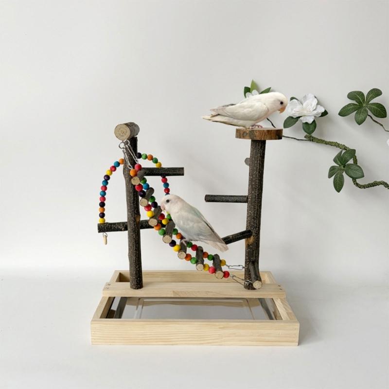 Natural Wood Bird Perches Toy Colorful Beads Climbing Ladder And Swinging Toy For Parakeets Cockatiels