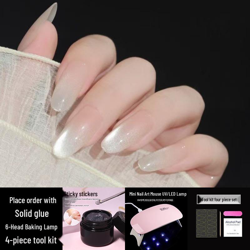 High-End UV Gel Cat Eye Press-On Nails Set – Clear, Self-Adhesive & Solid with Stickers