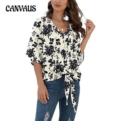 Women's Plus Size Summer New Temperament V Neck Lace Up Short Sleeved Printed Shirt