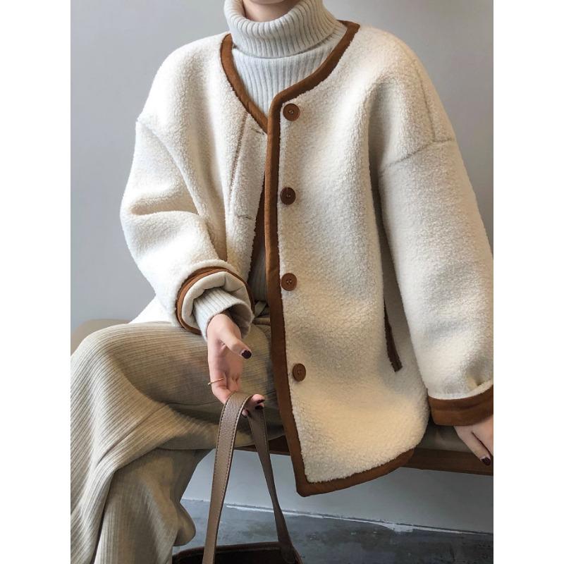 

Женское осенне-зимнее утолщенное пальто из овечьей шерсти, свободная теплая куртка из гранулированного бархата с круглым вырезом и длинными рукавами, пушистая повседневная верхняя одежда 3XL бежевый