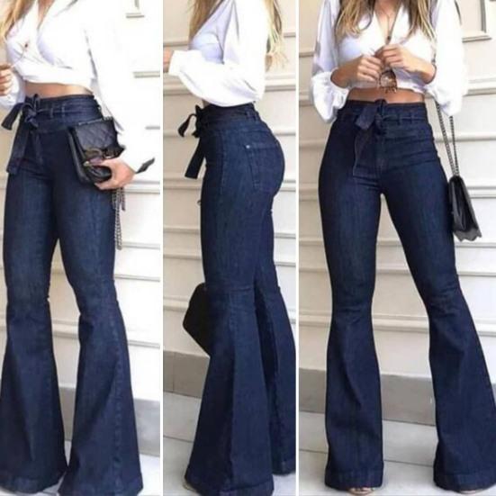 Women Jeans High Stretch Wide-Leg Pants Lace-up Button Zipper Fly Denim Pants with Pockets Vacation Daily Wear
