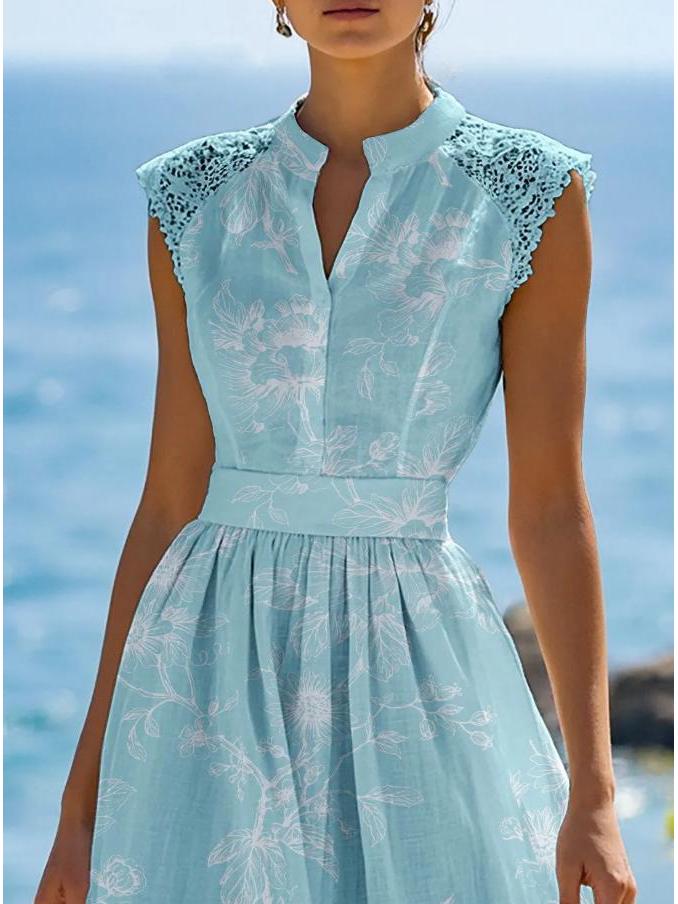 Elegant Lace Patchwork Floral Dress with Short Sleeves
