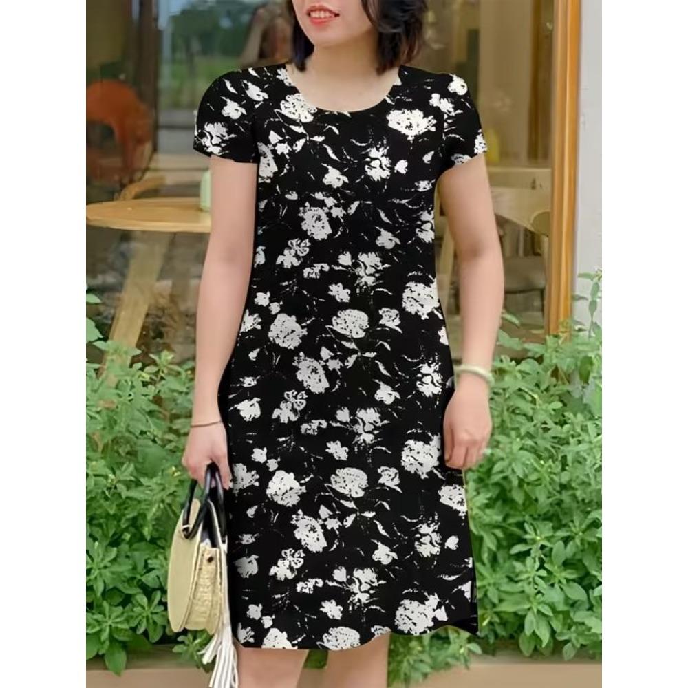 Moda Donna Grazioso Bello Semplice Stampa a Fantasia Estive Primaverili Manica Corta Scollo a O Abiti Casual