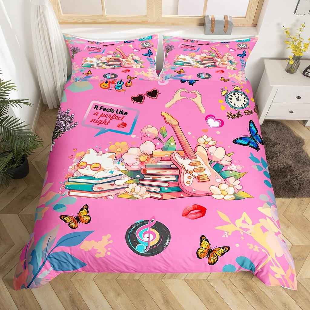 Music Fans Print Duvet Cover Twin Full Music Theme Comforter Cover Singer Fan White Bedding Set for Birthday Valentines Day Gift