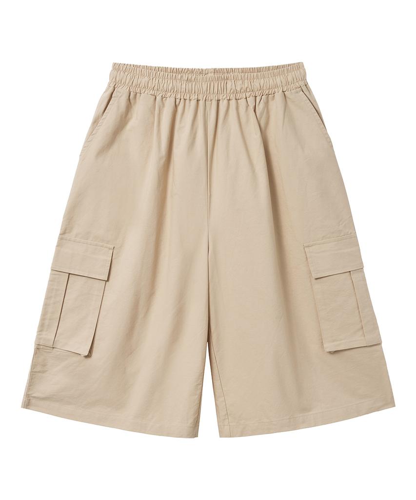 MOZMOZ Linen-Like Cargo Bermuda Wide Pants Beige