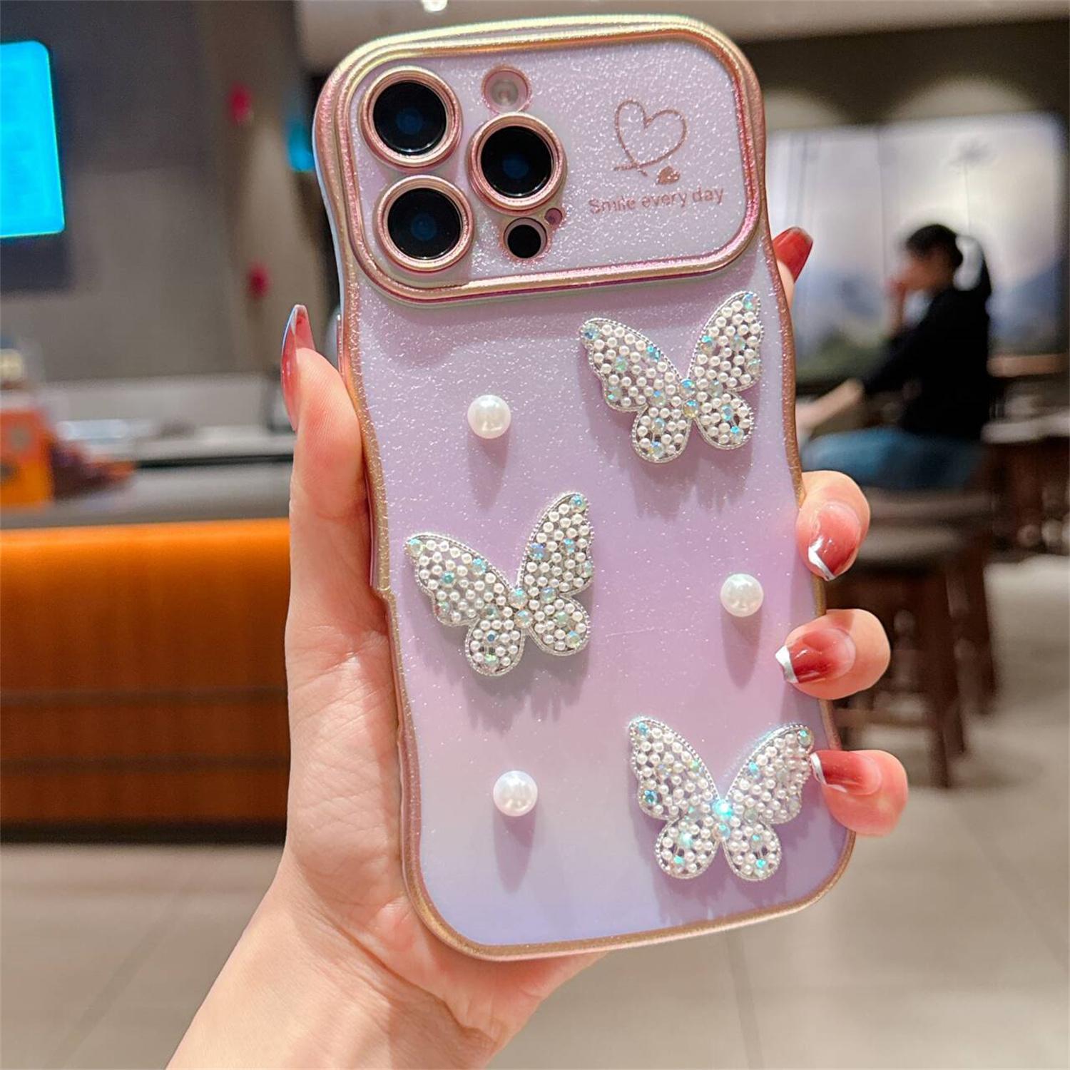 

For iPhone 16 Pro Case Electroplating Wave Edge Dazzling Color TPU Phone Cover Pearl Butterfly Decor Purple