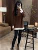 Spring/Autumn Women's Brushed Faux Two-Piece Long Sleeve T-Shirt - Thick Mid-Length Loose Top