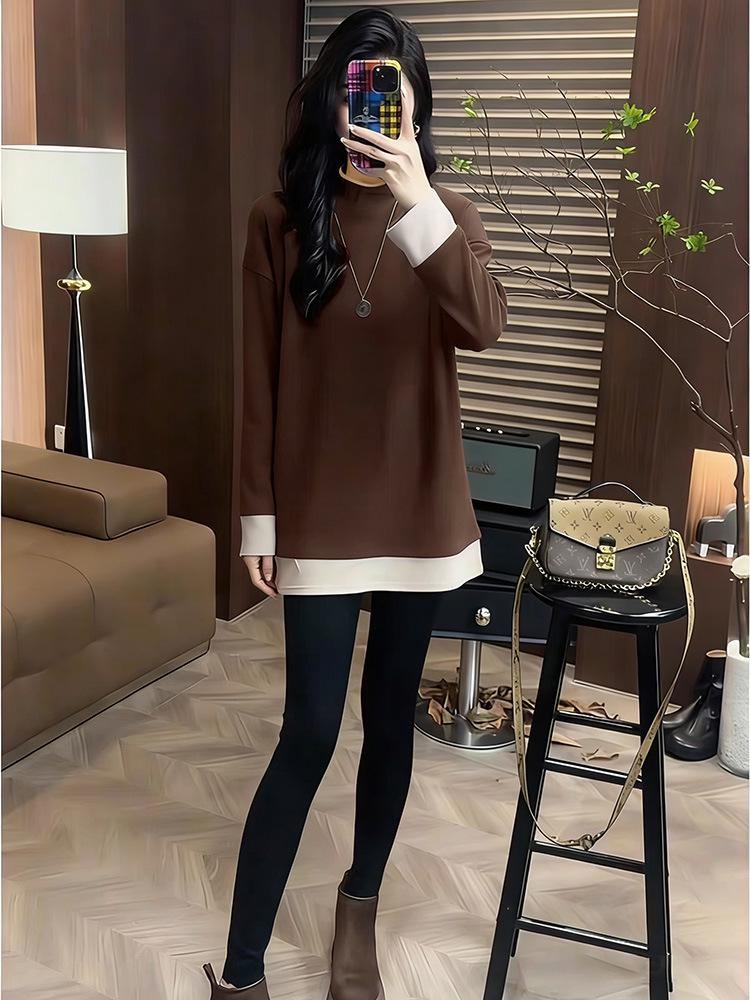Spring/Autumn Women's Brushed Faux Two-Piece Long Sleeve T-Shirt - Thick Mid-Length Loose Top