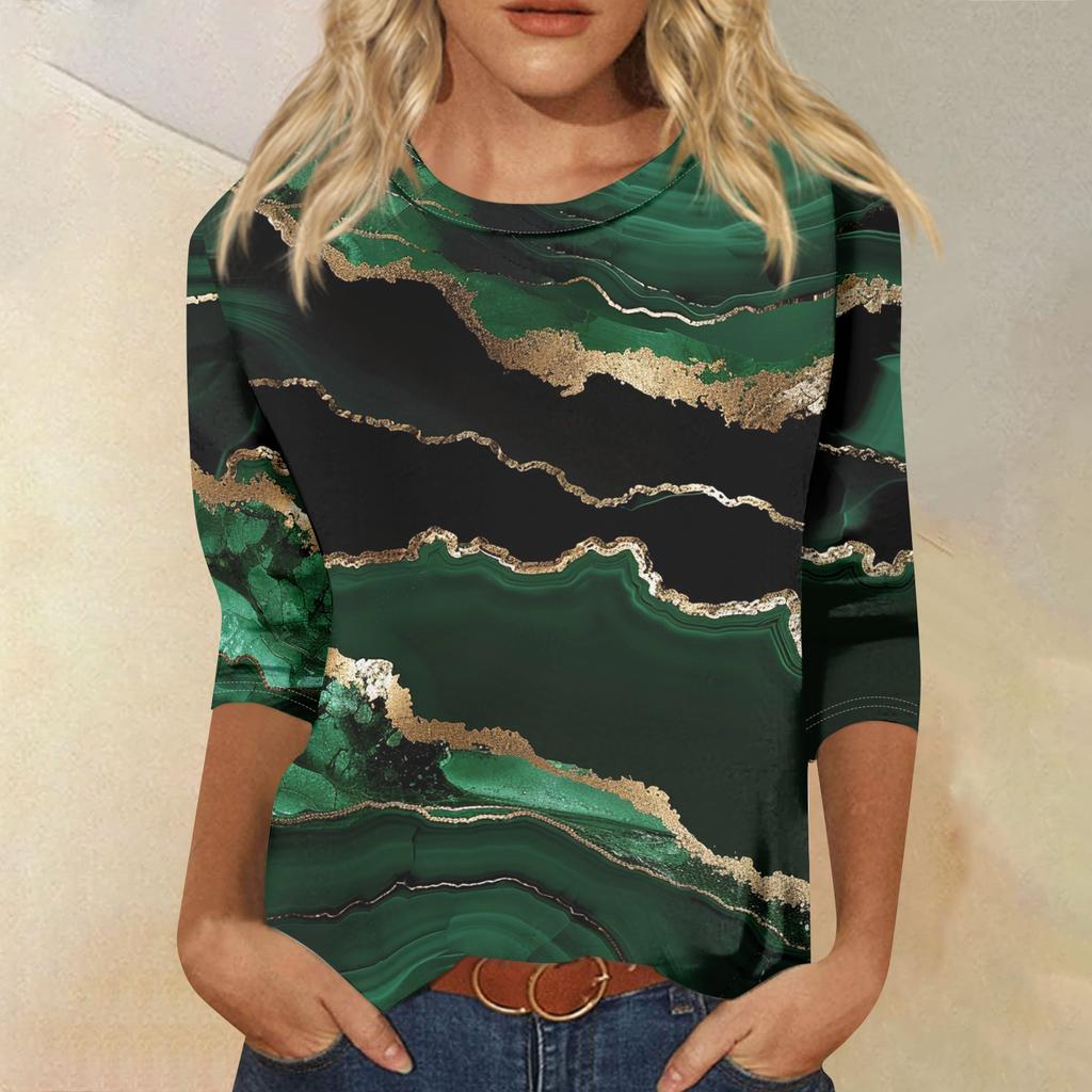 Women's Fashion Casual Round Neck 3/4 Sleeve Loose Printed T-Shirt Ladies Top