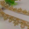 1yard 5CM Wide Gold Beaded Lace Trim, Light Green Floral Net Fabric Edge for Clothes Wedding Dress, Han Fu Embroidery Trim