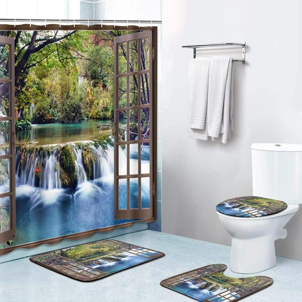 Duschvorhang-Set Naturszenerie Wald Wasserfall Wasserdicht Badezimmer Mit Teppichen Toilettenbezug Badvorleger Haken