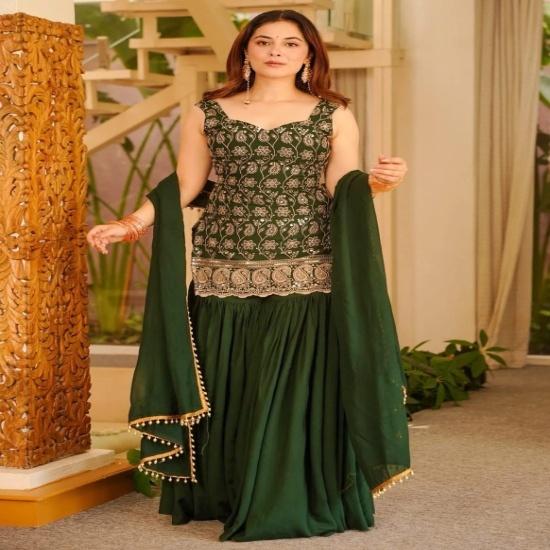 Elegant Embroidered Sharara Suit Set S зелёный