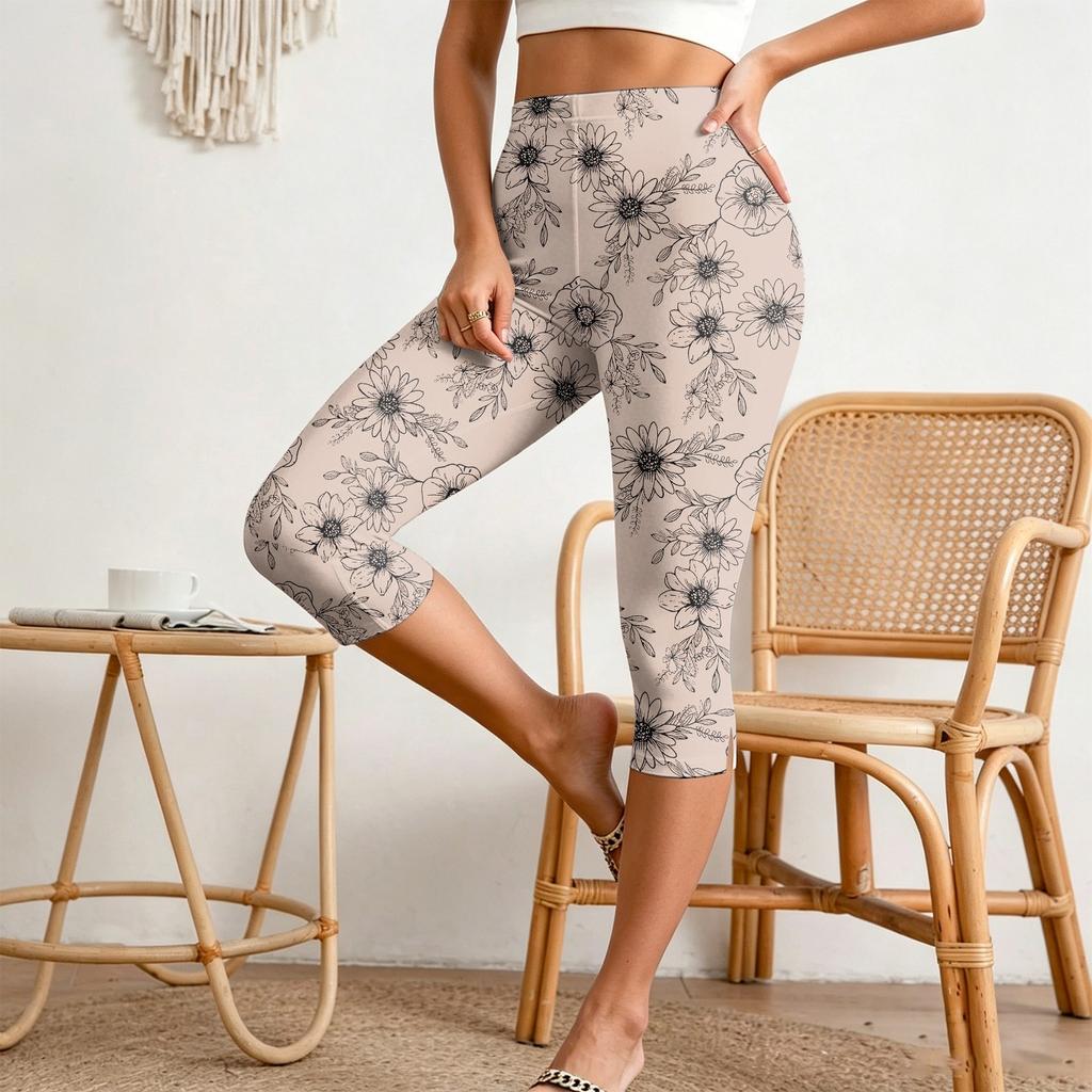Women's Elastic Waist Casual Capri Pants Slim Fit Cropped Trousers with Side Slits and Geometric Pattern Design for Everyday Wear