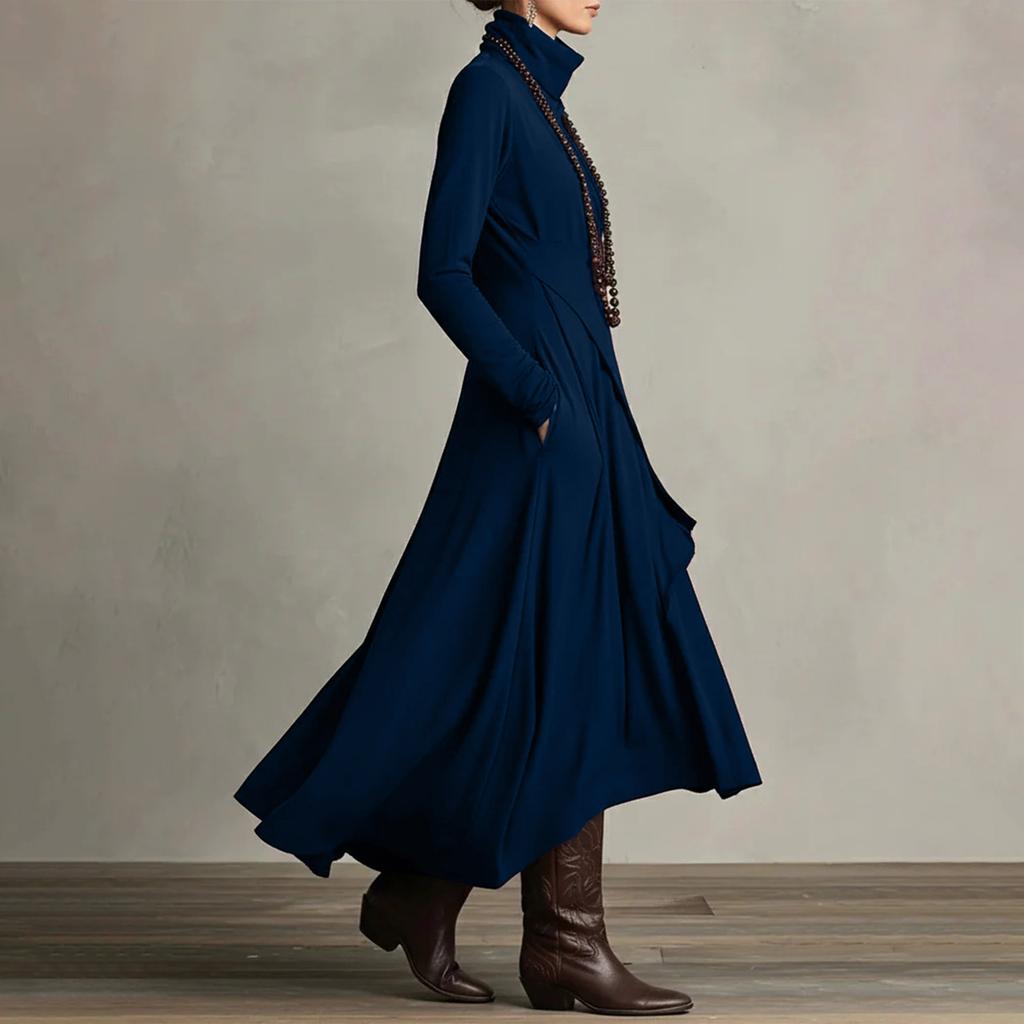 Women’s Long Sleeve Turtleneck Maxi Dress Asymmetric Hem Layered Ruffle Design A Line Fit Soft Fabric Elegant Style