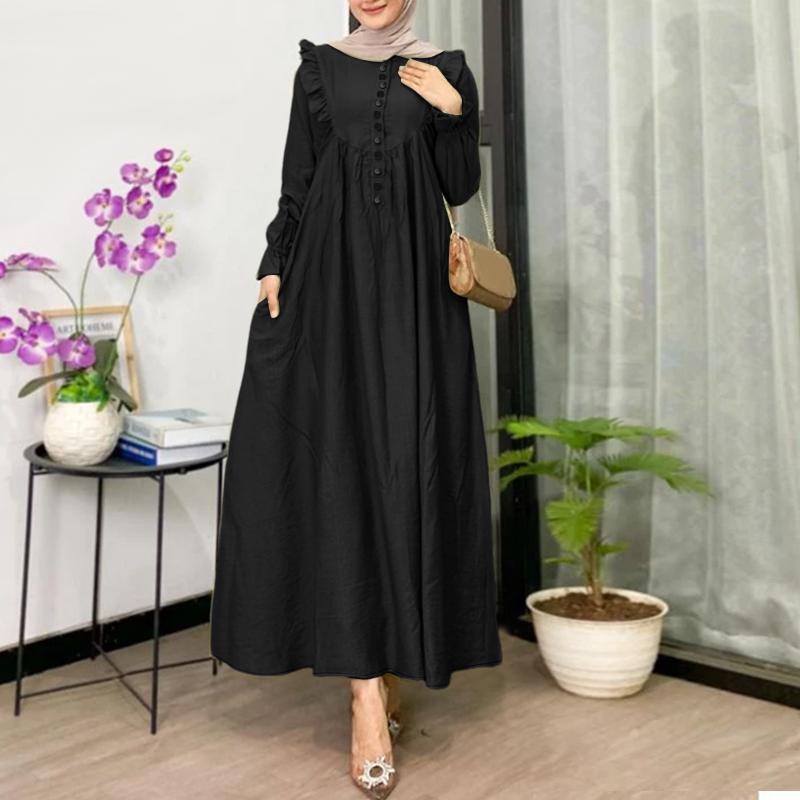 ZANZEA Women Casual Round Neck Solid Color Loose Long Sleeve Dress