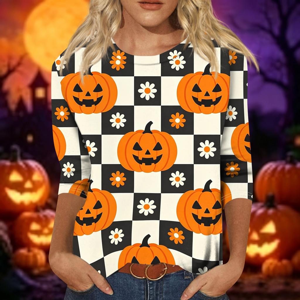Women Casual Halloween Print Three Quarter Sleeve Round Neck Top Lightweight Comfortable Fit Fashionable Shirt for Everyday Wear