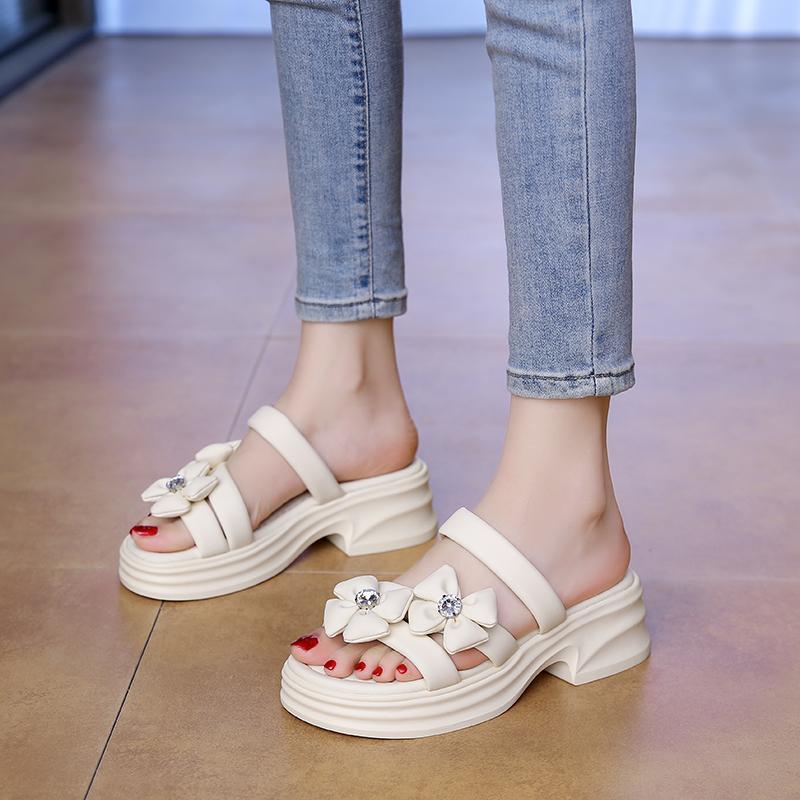 CRLAYDK Sandals for Women Strap Slip On Flowers Leather Slides Ladies Footwear Platform Low Square Heel Casual Beach Slippers
