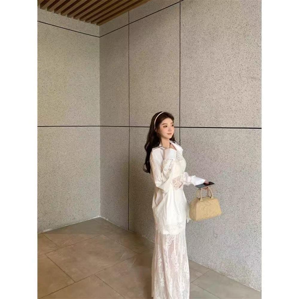 Women's Lace Patchwork Long Sleeve Shirt with Polo Collar - Spring/Summer 2026 Vacation Style
