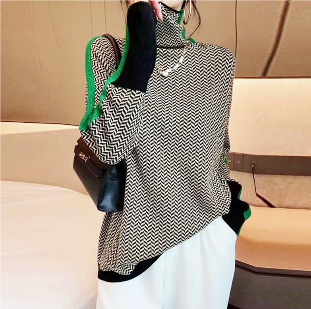 Winter Women's Turtleneck Sweater Warm Pullover Commuter Elegant Loose Casual Women's Retro Contrast Color