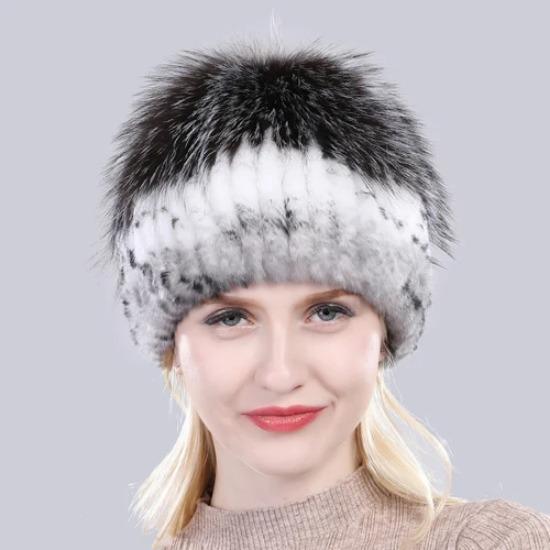 New Outdoor Good Elastic Natural Rex Rabbit Fur Hat Women Winter Knitted Real Sliver Fox Fur Cap Lady Real Fur Hats