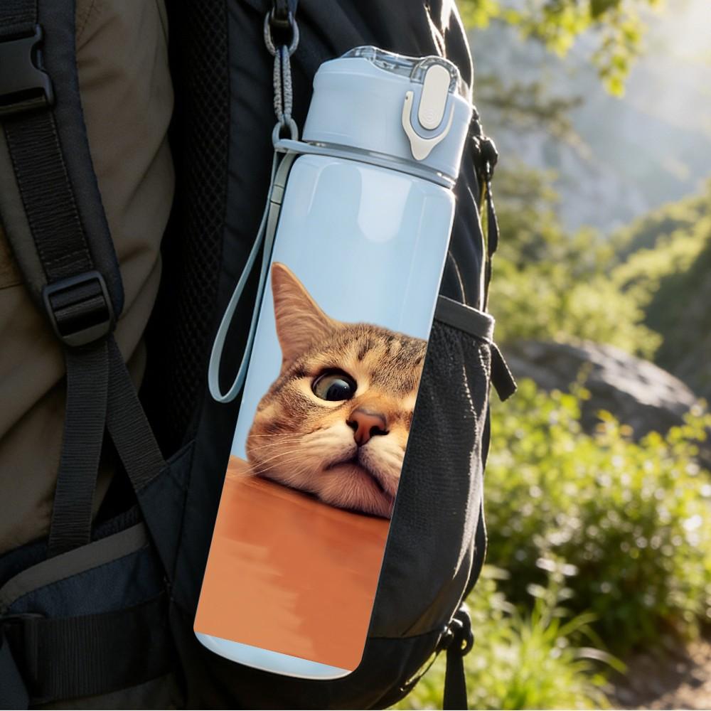 1PC Cat Peeking Out Box Cute Print 750ml Color Plastic Sports Water Bottle Leakproof Flip Straw Lid Suitable for Sports Office Home Use