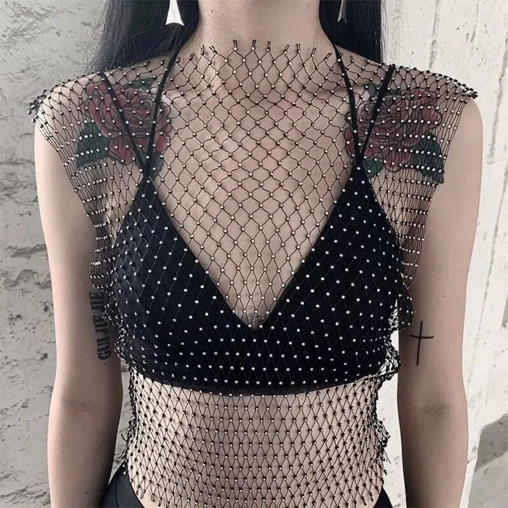 

Diamond One-shoulder Women s Vest High Elastic Breathable Fishnet Hollow Design Fashion Top XS чёрный