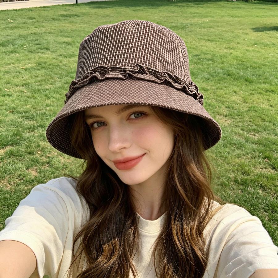 Summer Sun Protection Bucket Hat for Women, Wide Brim Plaid Lace-Trimmed, Lightweight Breathable, Perfect for Travel, Beach, and Outdoor Photo