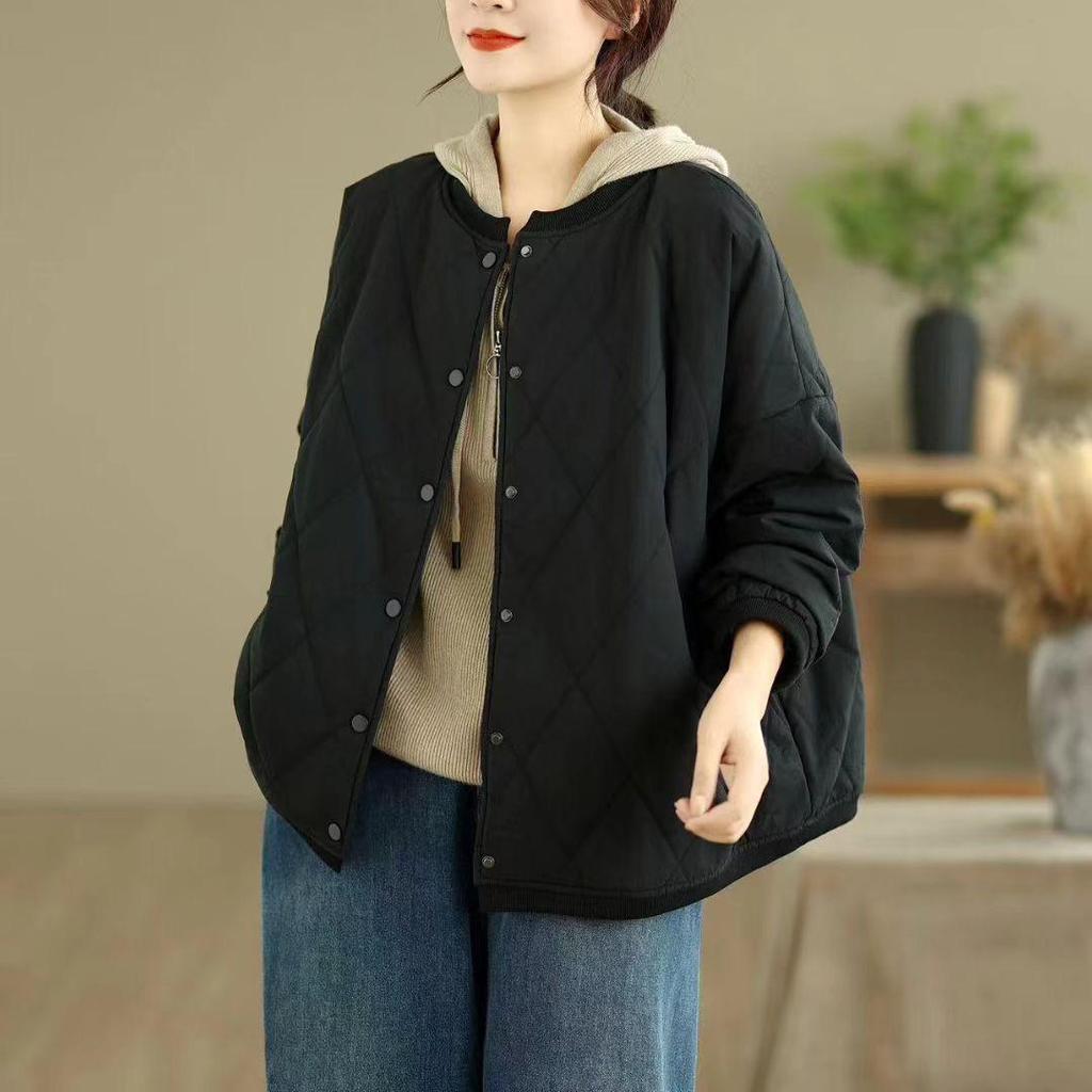 2025 Winter Cotton-Padded Retro Plaid Round Neck Women's Casual Jacket
