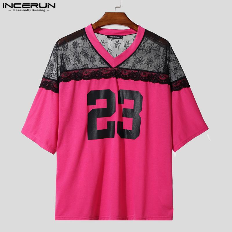 INCERUN Men Casual V Neck Short Sleeve Lace Sheer Patchwork Tops