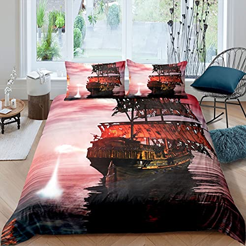 Beautiful Pink Sunset Boat Duvet Cover Set Sea Boat Comforter Cover Polyester Bedding Set With Pillowcase For Kids Boys Girls