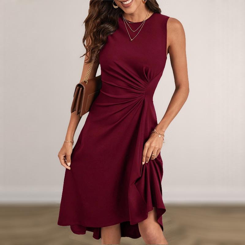 Solid Color Round Neck Sleeveless Pullover Midi Dress For Women Casual Commuting