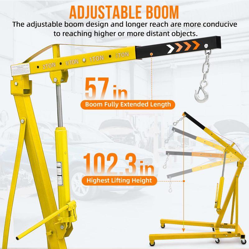 2 Ton 4000 LBS Hydraulic Engine Hoist: Heavy Duty Folding Cherry Picker with Telescopic Boom for Auto Repair