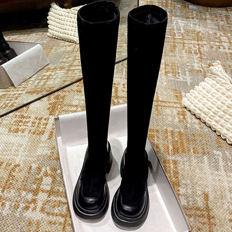 Black Suede Elastic Boots Women's Winter New Thick-soled Heel Over Knee Boots Skinny Boots Socks Boots Long Boots