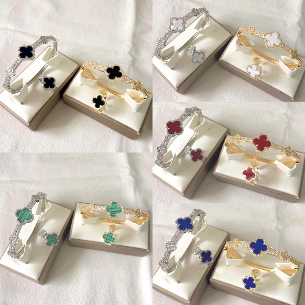 2PCS New Micro Inlaid Zircon Clover Bracelet Ring Set with Adjustable High Color Preserving Copper Plating 18k Real Gold Fashion