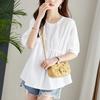 Asymmetric Pleated White Shirt for Women's Middle Sleeve Summer Round Neck Waist Doll Shirt Top Chic Style Shirt