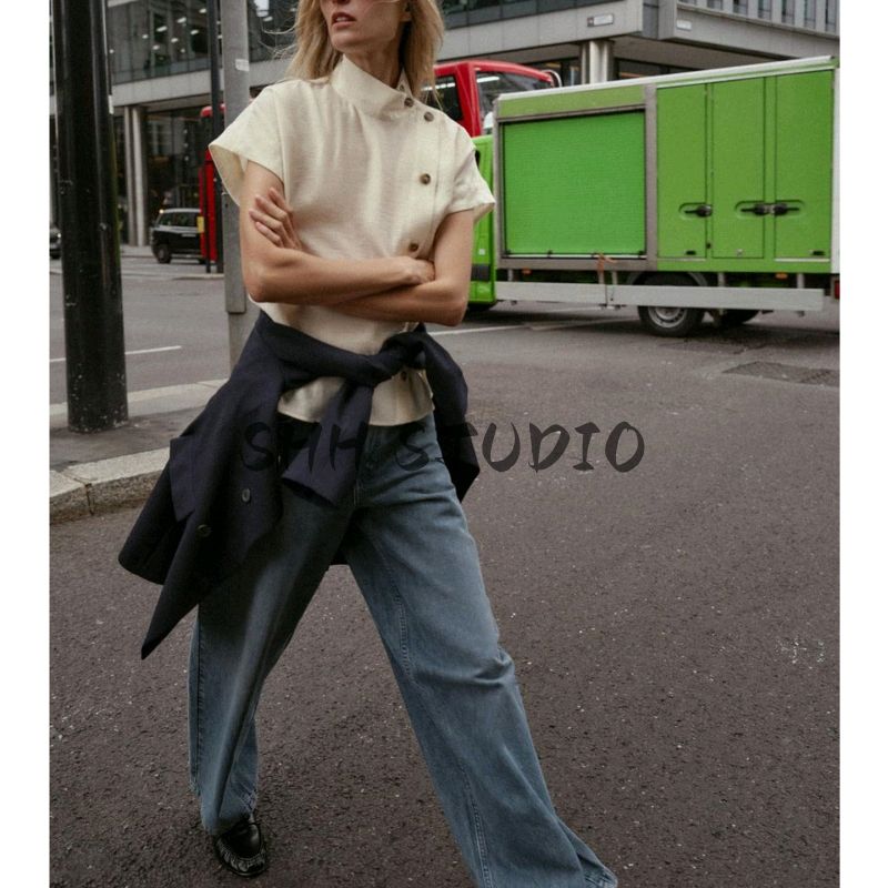 Autumn New Women's Clothing Minimalist Stand Collar Drop Shoulder Sleeveless Contrast Color Decorated Row Button Shirt Tops 8813548