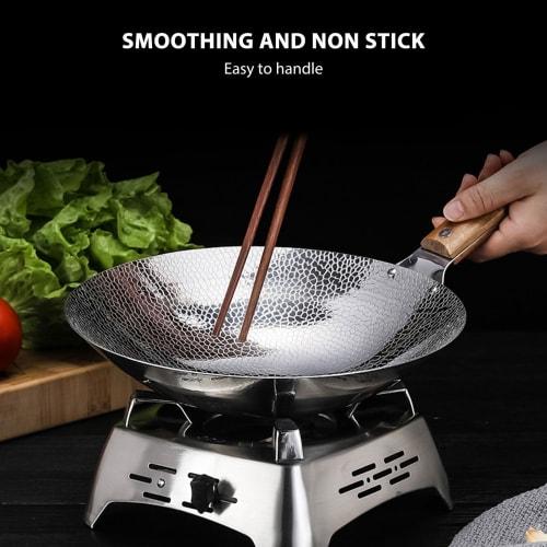 Stainless steel wok, non-stick wok pan, induction-based frying pan, frying pan with wooden handle, non-induction wooden handle, flat base pan for elec