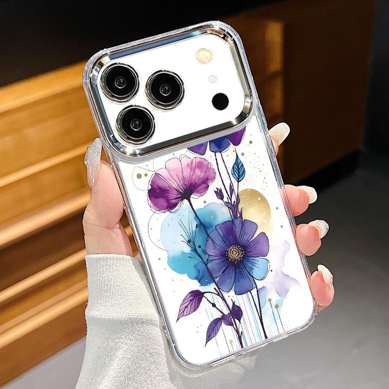 

INS Watercolor Floral Case For iPhone 17 Pro Max iPhone 16 15 14 13 Pro Max 11 17e 16e Plating Lens Frame Clear Soft Silicone Back Cover iPhone 16 прозрачный