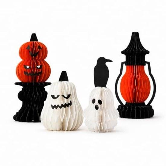 Halloween decorations figurines 4-piece set 3D paper ornaments paper-made pumpkin ghost black cat witch tabletop entrance decoration