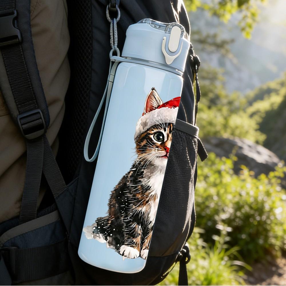 1PC Cat Wear Santa Hat 750ml Color Plastic Sports Water Bottle Leakproof Flip Straw Lid Suitable for Sports Office Home Use