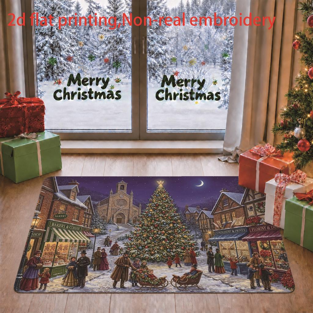 1pc, 2D Flat Printing, Retro Christmas Town Holiday Scene Rectangular Floor Mat for Home Entry, Colorful And Non-Slip, Machine Washable Carpet, Suitab