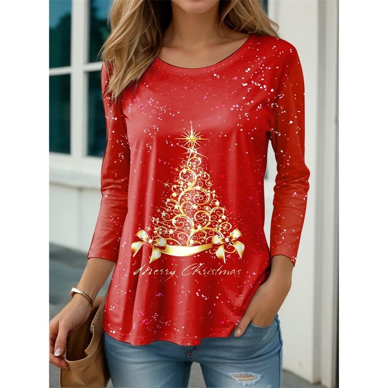 Moda feminina manga longa camiseta 3D impressão natal boneco de neve gráficos tops engraçado regular ajuste primavera outono fino