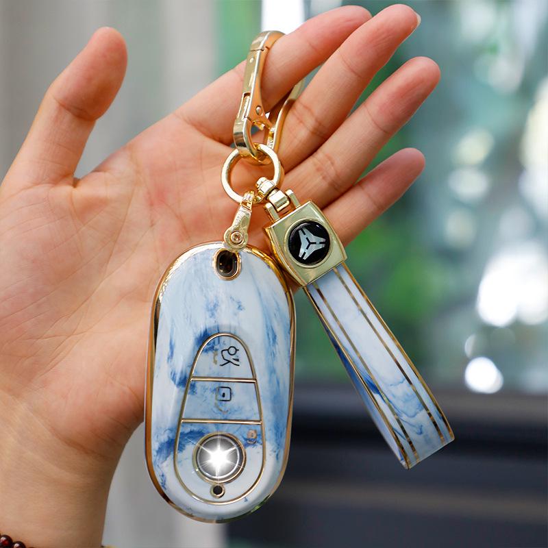 Mercedes-Benz Key Case for C260, LC200L, S400 Maybach, EQE, GLC with Gold Inlaid Jade Shell